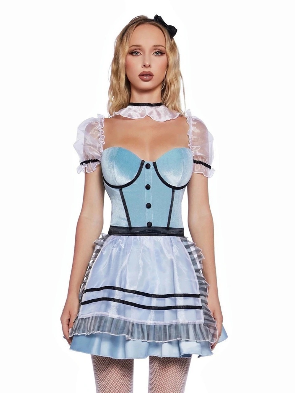 Dolls Kill Trickz N Treatz Alice-Inspired Mini Dress in Blue & White Like New